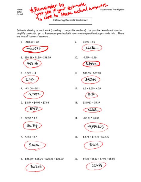 Estimating Decimals Worksheet