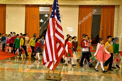 Chinese Children Walk Past Us Flag Editorial Stock Photo Stock Image