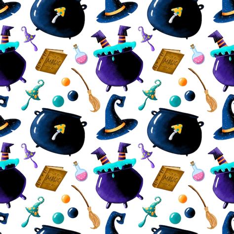 Premium Vector Cute Cartoon Magical Halloween Seamless Pattern Cauldron With Witch Legs Book