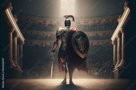 Ancient Roman Gladiator Enters The Arena For Fighting Against The Backdrop Of An Anticipated