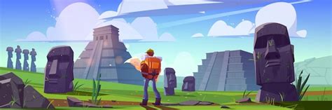 Free Vector Traveler At Ancient Mayan Pyramids Or Moai Statues