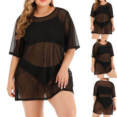 Lady Summer Plus Size Sheer Mesh Bikini Cover Up Dress Swimwear Kaftan