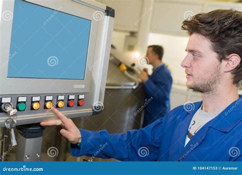 Worker Operating Machine In Factory Stock Image Image Of Computer