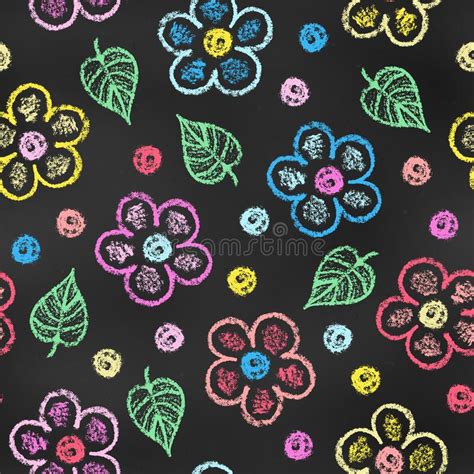 Seamless Pattern Of Chalk Drawn Sketches Flowers And Leaves On