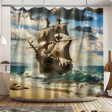 Vintage Pirate Ship Shower Curtain Realistic Ocean Waves Stormy Sky