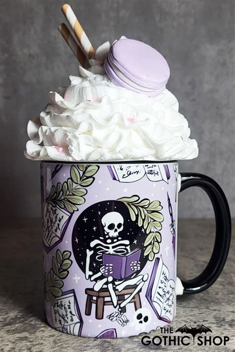 Skeleton Reading Lilac Purple Gothic Halloween Mug Gothic Halloween