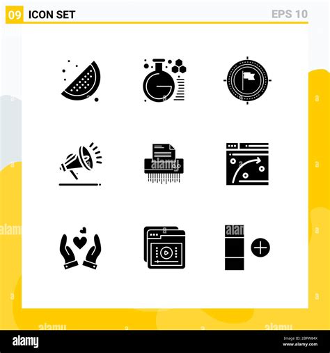 Set Of 9 Vector Solid Glyphs On Grid For Data Shredder Business