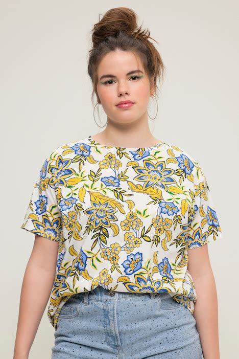 Floral Print Short Sleeve Tee Sun Yellow Ulla Popken