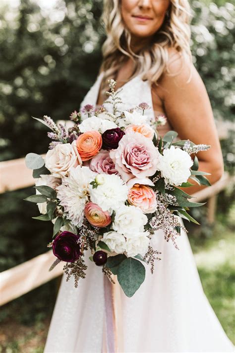 Blush Peach And Burgundy Bridal Bouquet By Feisty Flowers Photography By Hello Rose Photogr