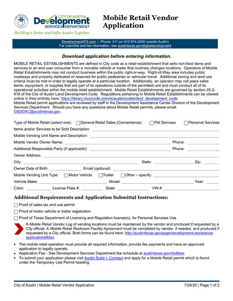 City Of Austin Texas Mobile Retail Vendor Application Fill Out Sign