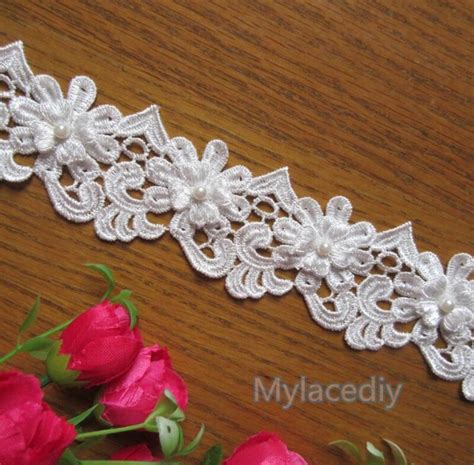 Yard Mm White Polyester Pearl Flower Embroidered Lace Trim Fabric