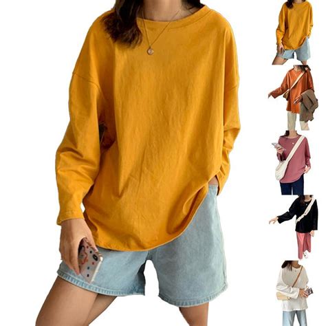 Buy Women Long Sleeve Oversized T Shirt Casual Solid Color Crew Neck