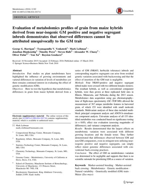 PDF Evaluation Of Metabolomics Profiles Of Grain From Maize Hybrids