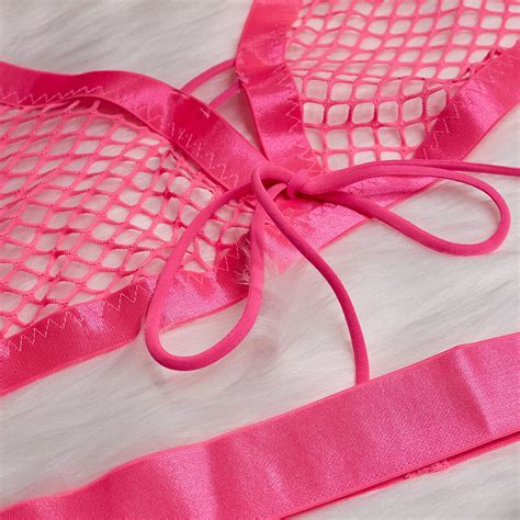 Pink Sexy Women S Fishnet Lingerie Bra G String Set Sleepwear Nightwear