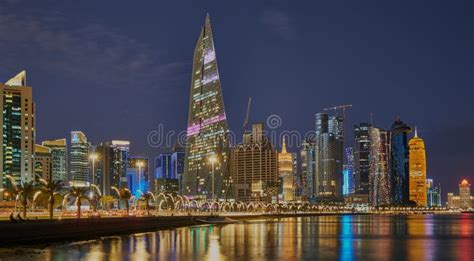 Doha Qatar Skyline from Corniche Promenade at Dusk Showing West Bay ...