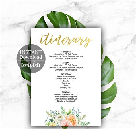 Weekend itinerary template, for bachelorette party, birthday or wedding ...