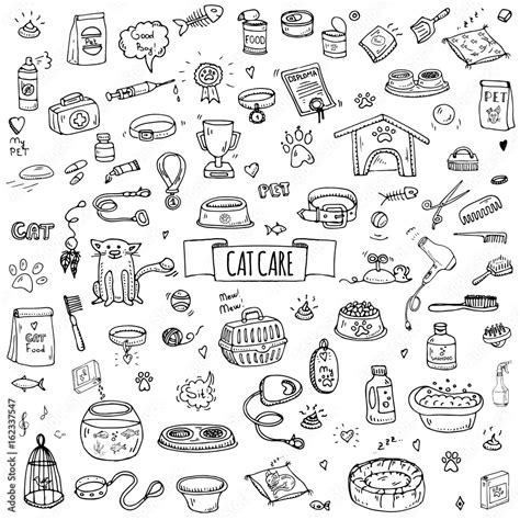 Hand Drawn Doodle Pets Stuff And Supply Icons Set Vector Illustration