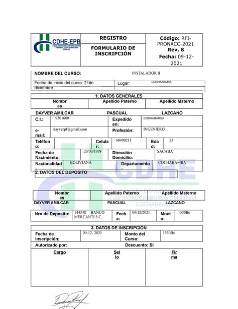 Formulario DE Inscripcion A Curso Instalador 2 Estructuras Especiales