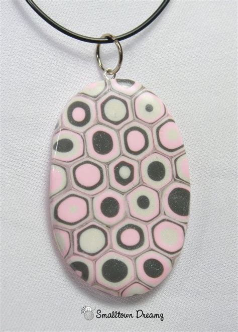 Large Polymer Clay Oval Pendant Pink Silver And White By