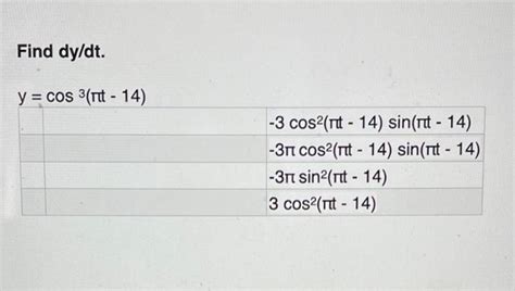 Solved Find Dy Dt Y Cos 3 Rit 14 3 Cos Nt 14 Chegg