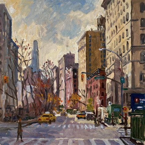 New York Cityscape Painting Down Broadwaynyc 12x12 Oil On Panel New