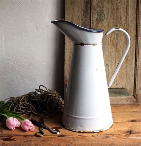 Large Antique White And Blue Enamel Pitcher French Metal Jug Etsy