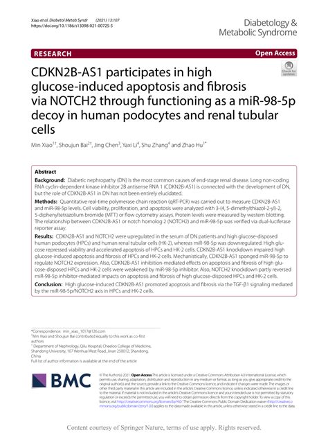 Pdf Cdkn B As Participates In High Glucose Induced Apoptosis And