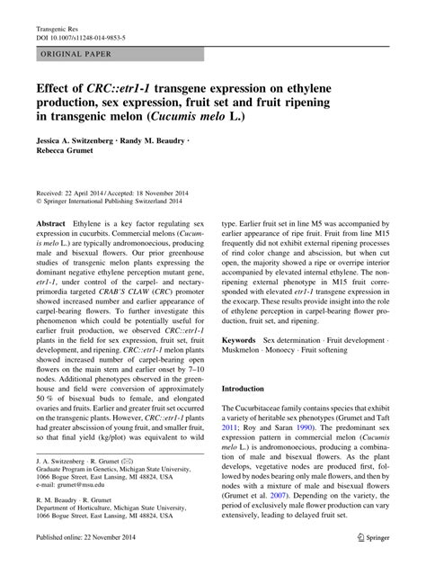 Pdf Effect Of Crcetr1 1 Transgene Expression On Ethylene Production