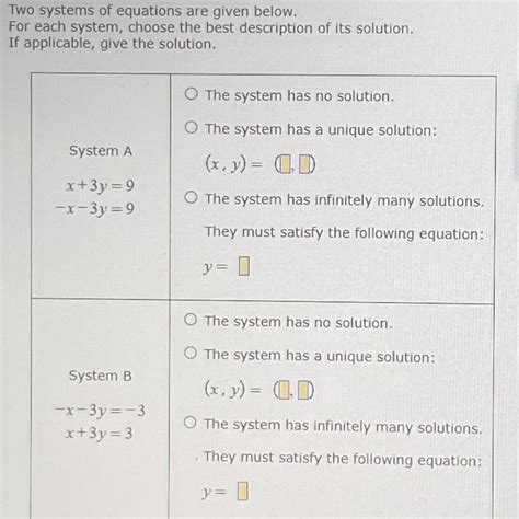 Two Systems Of Equations Are Given Below For Each System Choose The