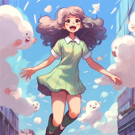 Premium Photo Anime Girl In Green Dress Flying Through The Air With White Clouds Generative Ai