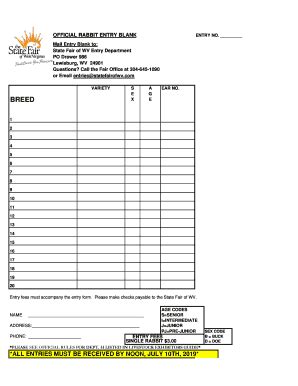 Fillable Online 2019 Rabbit Entry Form Xls Fax Email Print PdfFiller