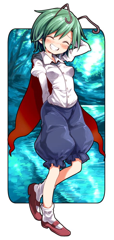 Safebooru 1girl Antennae Arm Behind Back Arm Behind Head Arm Up Blouse Breasts Buttons Cape