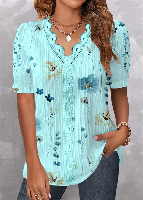 Rotita Patchwork Floral Print Cyan V Neck Short Sleeve Blouse Rotita