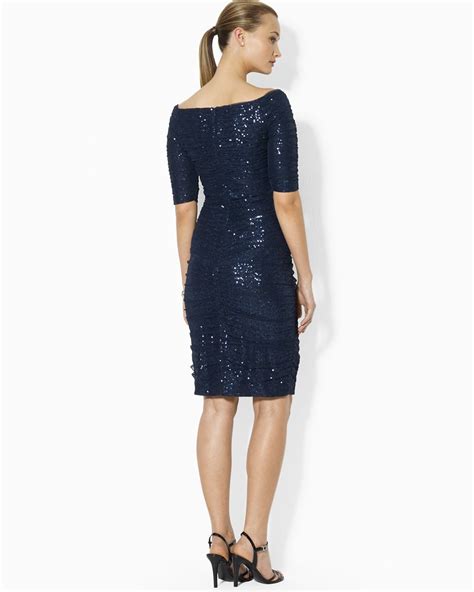 Lyst Ralph Lauren Lauren Dress Boat Neck Sequin Lace In Blue