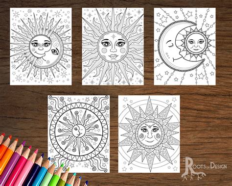 Instant Download Coloring Page Celestial Sun Moon Coloring Pack Doodle