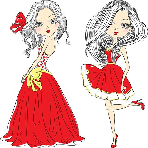 Set Beautiful Fashion Girls In Red Dresses 46651824 Vector Art At Vecteezy