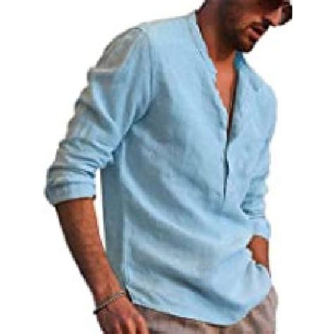 Mens Henley Cotton Linen Shirts Soft Casual Long Sleeve V Neck Solid Button Tops Ebay