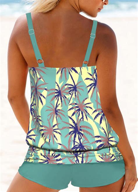 Tropical Plants Print Patchwork Mint Green Tankini Set