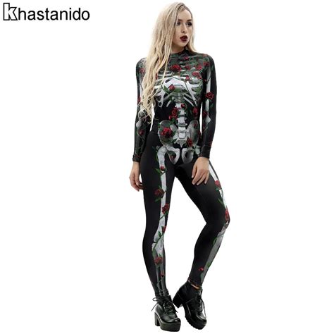 Sexy Halloween Jumpsuits Long Sleeve Skeleton Digital Printed Fitness Overalls Black Punk