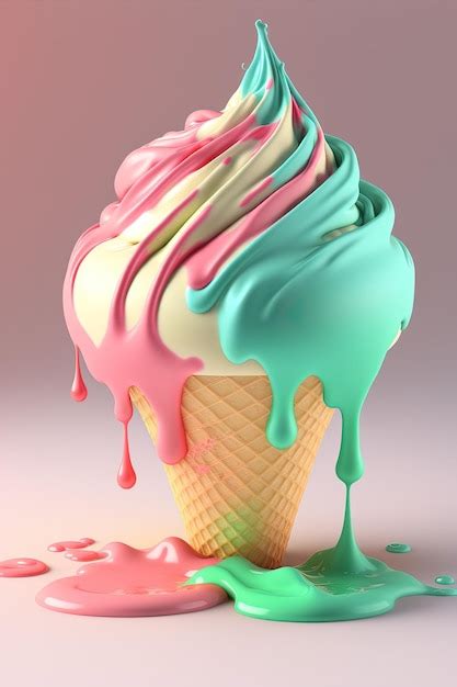 Premium Photo Ice Cream Cone With Flowing Multicolored Droplets On