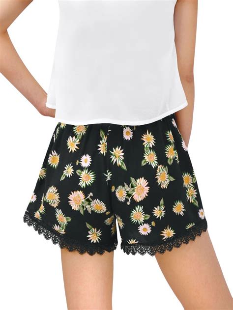 Womens Elastic Waist Paisleys Cashew Flower Prints Casual Shorts Black