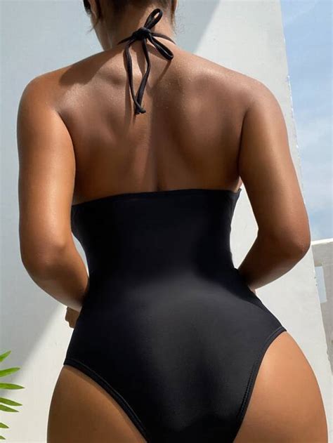 Ring Linked Cut Out Halter One Piece Swimsuit Shein Usa