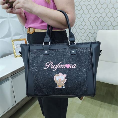 Bolsa Personalizada Professora Feminina Preto Preto Brilho Elo