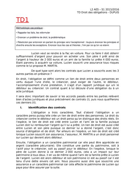 TD Obligation Correction L2 AES S1 TD Droit Des Obligations DUPUIS