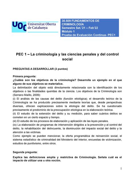 Pec Soluci N Fundamentos De Criminolog A Semestre Set Feb