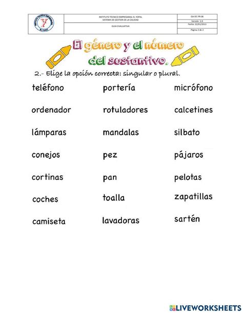 Genero Y NÚmero Del Sustantivo Online Exercise For Live Worksheets