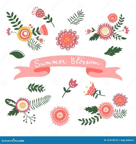Summer Blossom Set. Cute Flowers Colorful Collection Stock Vector