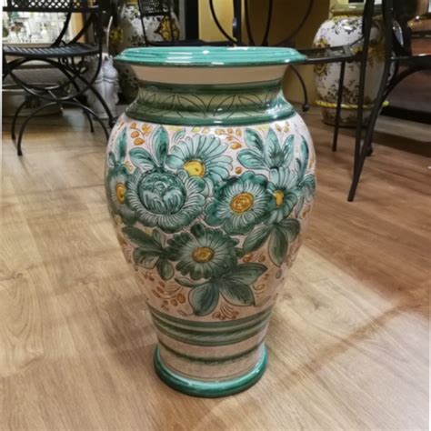 Portaombrelli Vaso In Ceramica Di Deruta Decoro Fiori Verde