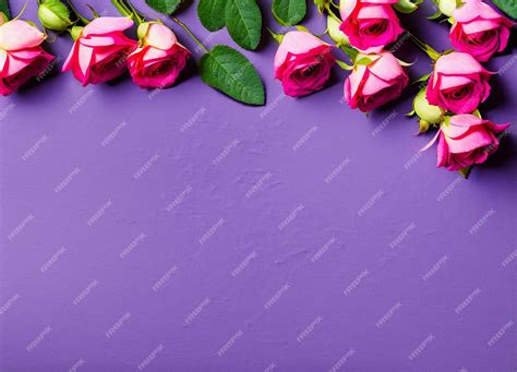 Premium Photo | Pink roses on a purple background with green leaves.