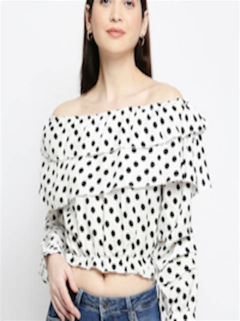 Buy Pretty Awesome Women White Print Off Shoulder Ruffles Crepe Bardot